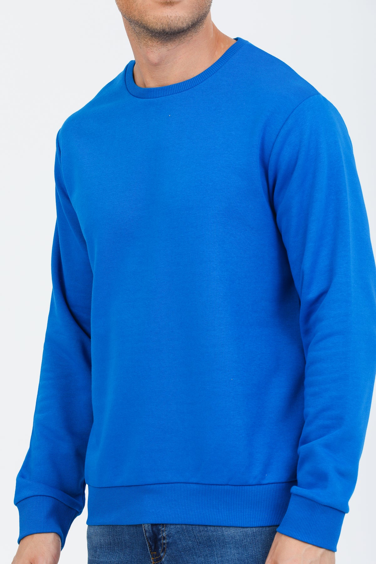 Saks Mavisi Kapüşonsuz Bisiklet Yaka Basic Sweatshirt