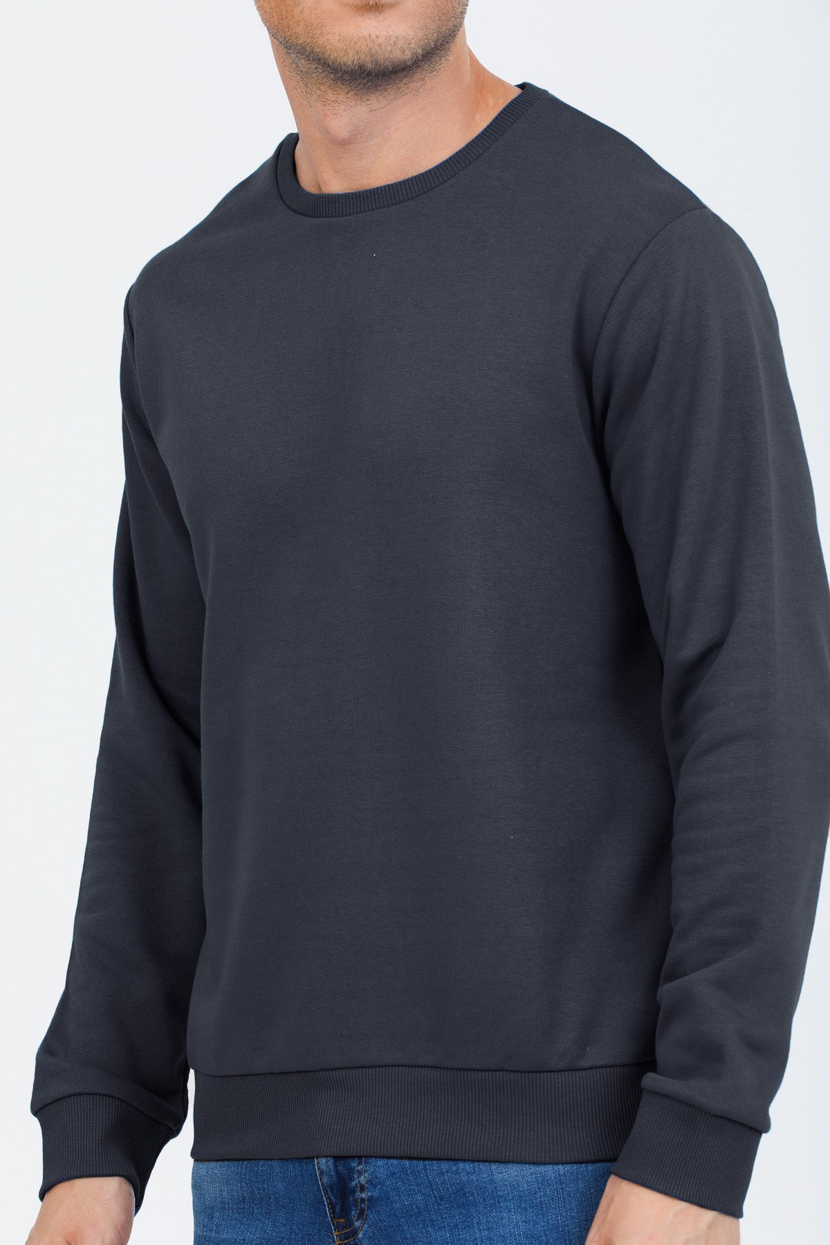 Antrasit Kapüşonsuz Bisiklet Yaka Basic Sweatshirt
