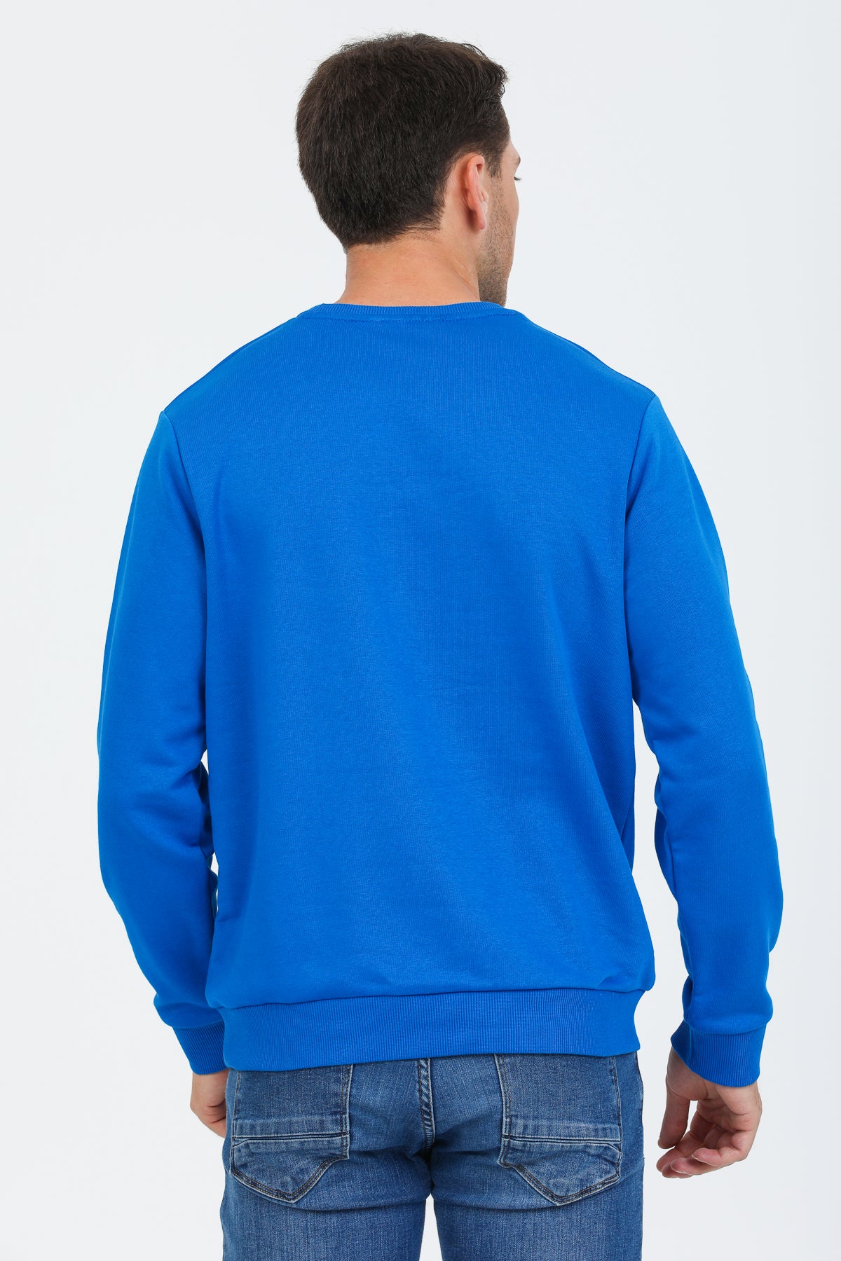 Saks Mavisi Kapüşonsuz Bisiklet Yaka Basic Sweatshirt