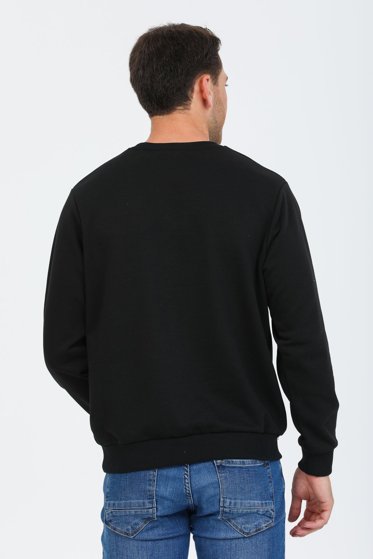 Siyah Kapüşonsuz Bisiklet Yaka Basic Sweatshirt