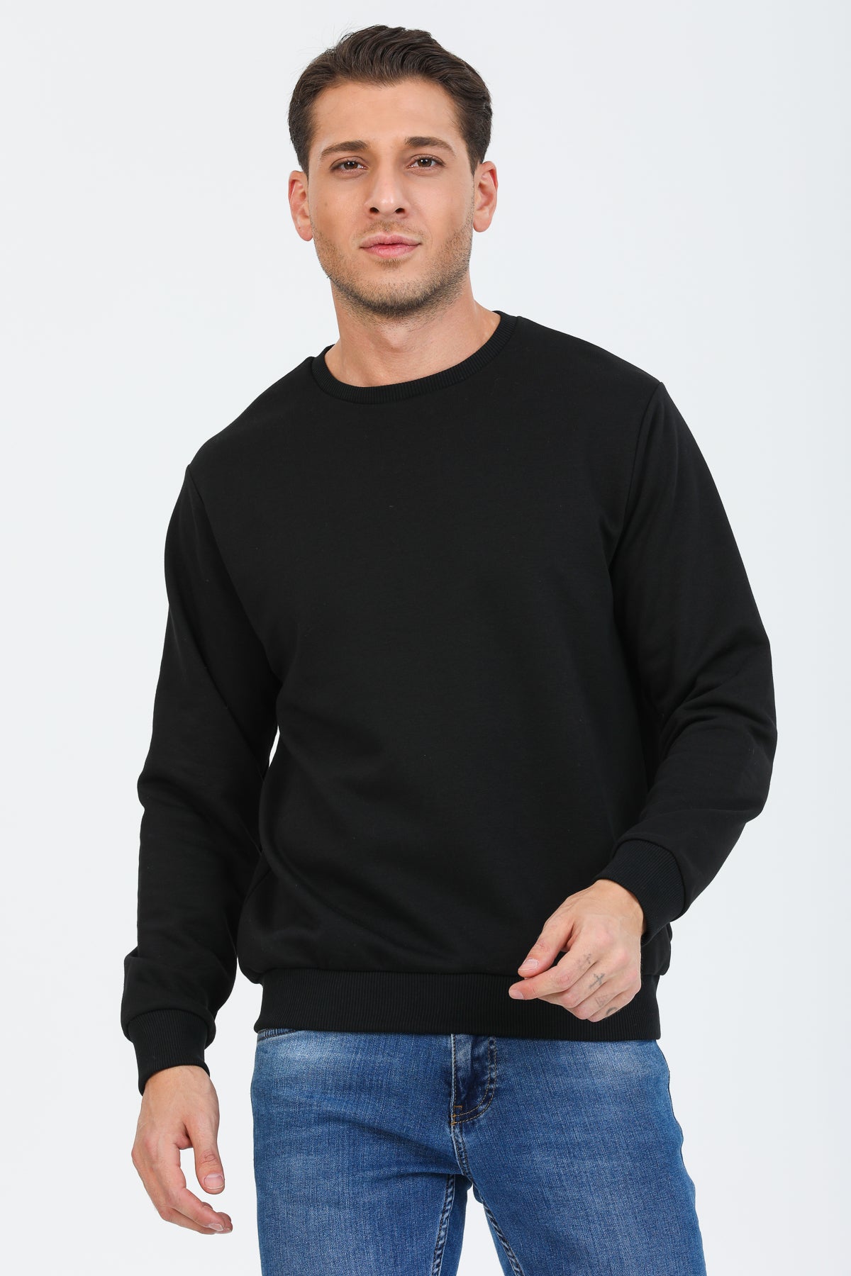Siyah Kapüşonsuz Bisiklet Yaka Basic Sweatshirt