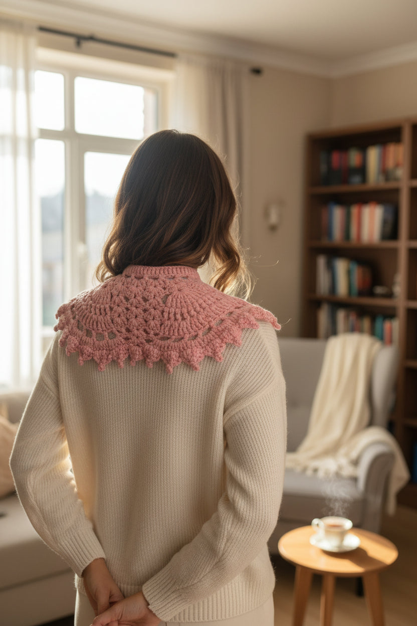 Pembe Tığ İşi Vintage Dantel Model Yakalık