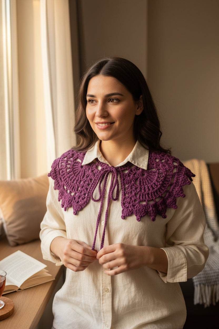 Mor Tığ İşi Vintage Dantel Model Yakalık