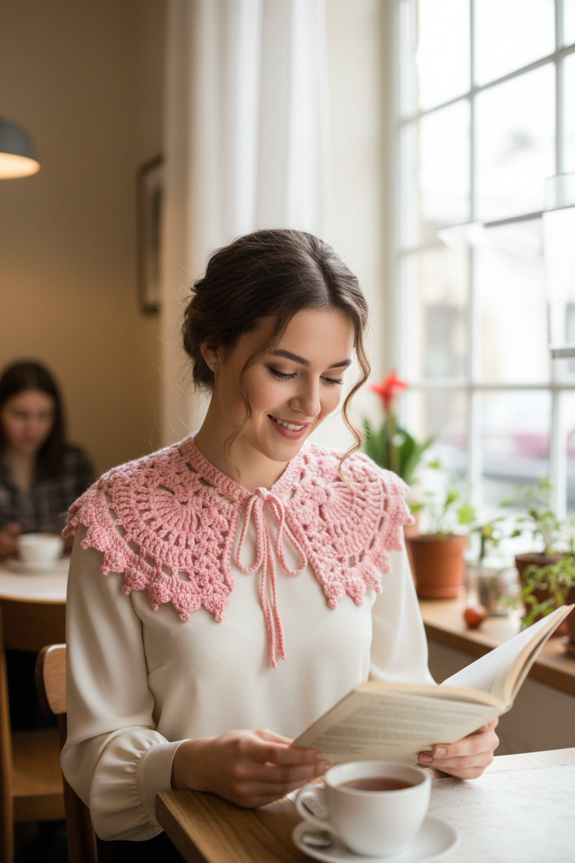 Pembe Tığ İşi Vintage Dantel Model Yakalık