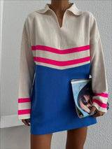 Bej Polo Yaka Çizgili Oversize Mavi Detaylı Triko Kazak