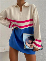 Bej Polo Yaka Çizgili Oversize Mavi Detaylı Triko Kazak