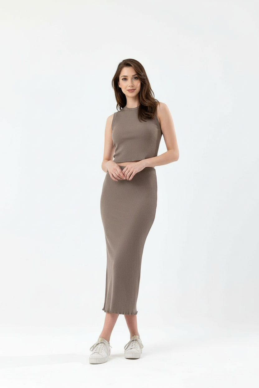 Camel Pamuklu Fitilli Kaşkorse Örme Uzun Kalem Etek