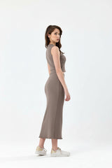 Camel Pamuklu Fitilli Kaşkorse Örme Uzun Kalem Etek