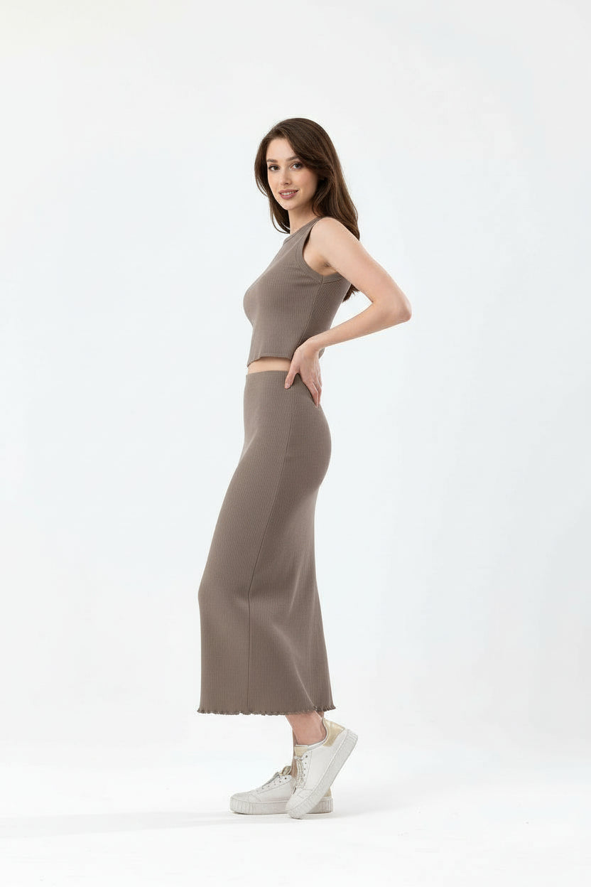 Camel Pamuklu Fitilli Kaşkorse Örme Uzun Kalem Etek