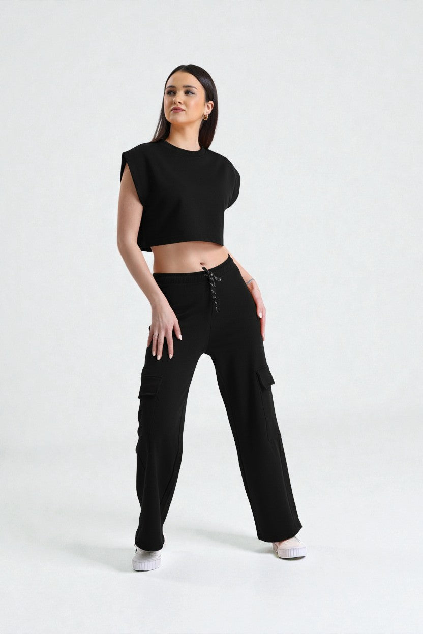 Siyah Basic Kolsuz Crop Sweatshirt